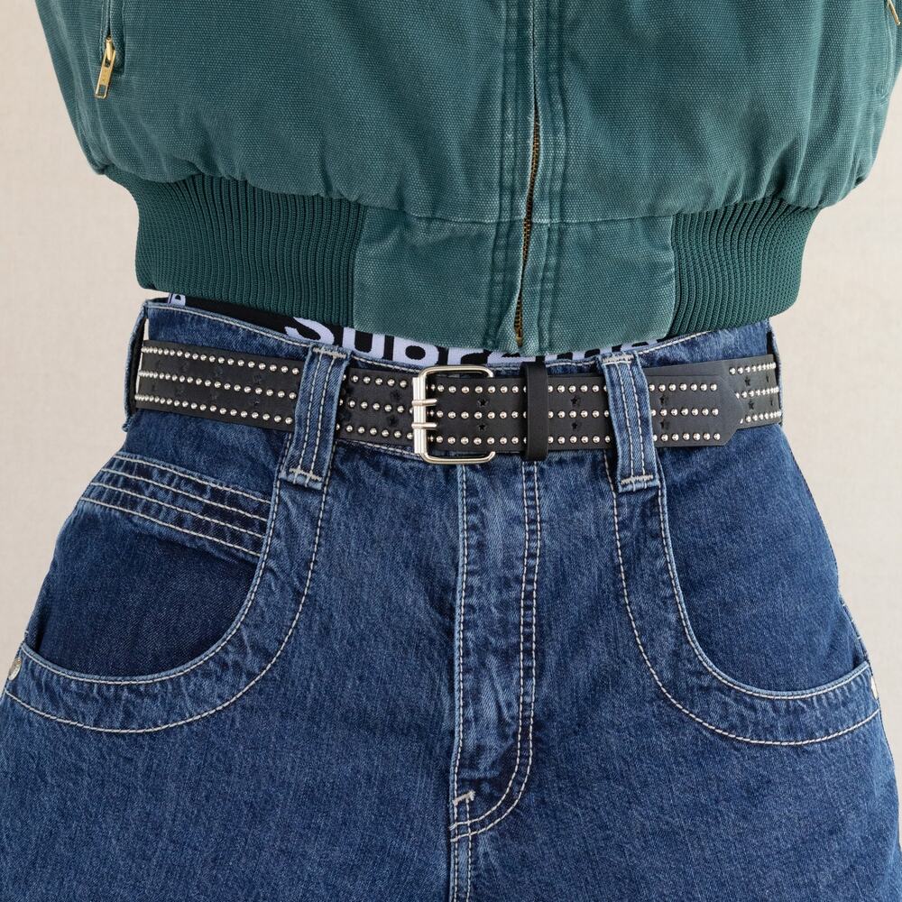 Vintage Black Studded Leather Belt Triple Row Silver Studs Y2K Punk Unisex